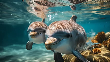 Deurstickers dolphins, a pair of marine animals close-up, fish head above the water. Friendly freshwater. Generative AI © Marynkka_muis_ua