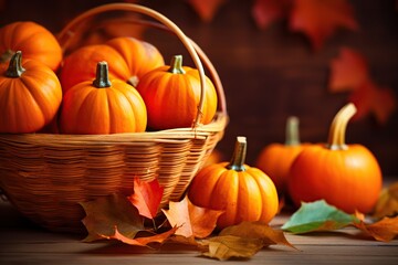 Orange pumpkins in basket with dry leaves on wooden background