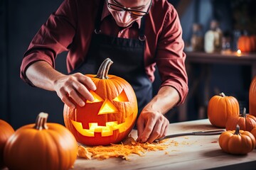 Male hands carving pumpkin for halloween