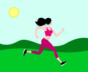Fototapeta na wymiar Fit young woman running in the park. Vector illustrartion of a running athletic woman.