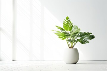 Green Plant on White Wall Background, Houseplant with Copy Space, Abstract Generative AI Illustration