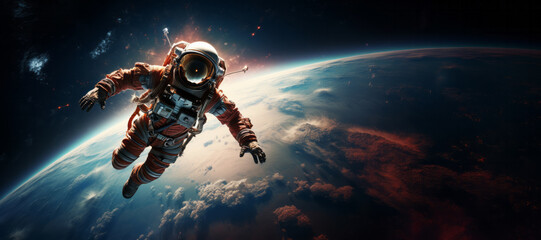 Astronaut exploring cosmos, flying to fantastical world. Space traveler concept - obrazy, fototapety, plakaty