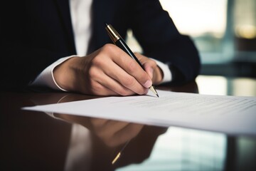 Close up male hands in formal business suit in office at table Caucasian European American businessman man entrepreneur CEO signing contract document employee sign agreement writing paper assignment