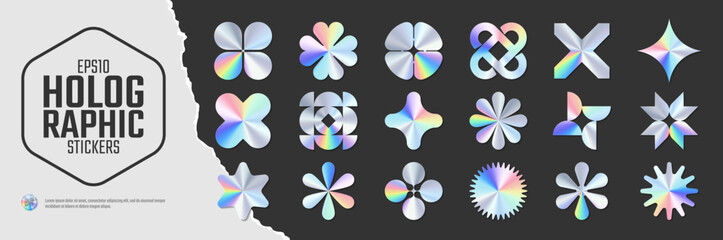 Iridescent color holographic stickers, set of quality hologram rainbow shiny emblems of various different shapes in y2k style, Vector illustration mockup design labels tags