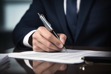 Close up male hands in formal business suit in office at table Caucasian European American businessman man entrepreneur CEO signing contract document employee sign agreement writing paper assignment