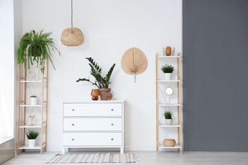 Living room interior with chest of drawers, shelving units and houseplants