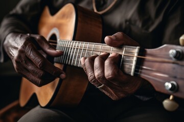 Fototapeta na wymiar Talented unrecognizable male artist African-American musician close up male hands playing guitar fingers touching strings chords notes musical performance concert instrumental music sound bassist guy