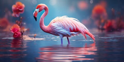 Fototapeta premium Pink flamingo in the water | Generative AI