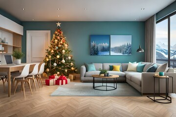 living room with christmas tree generated by AI technology 