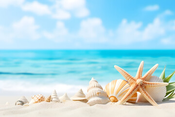 Fototapeta na wymiar Beach Sea themed with beautiful shells, corals and starfish on pure white sand, summer concept. Generative AI.