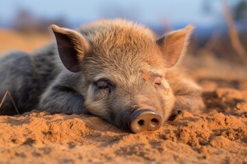 Wild boar (Sus scrofa) sleeping in the dirt.