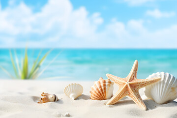 Fototapeta na wymiar Beach Sea themed with beautiful shells, corals and starfish on pure white sand, summer concept. Generative AI.