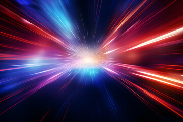 Obraz premium Futuristic speed motion with blue and red rays of light abstract background. Generative AI.