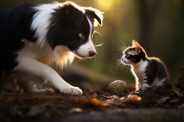 A Border Collie dog and kitten playing with ball in nature.