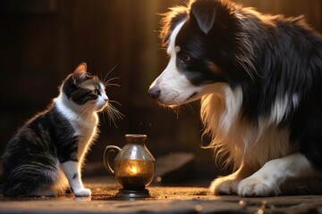 A Border Collie dog and cat looking at each other.