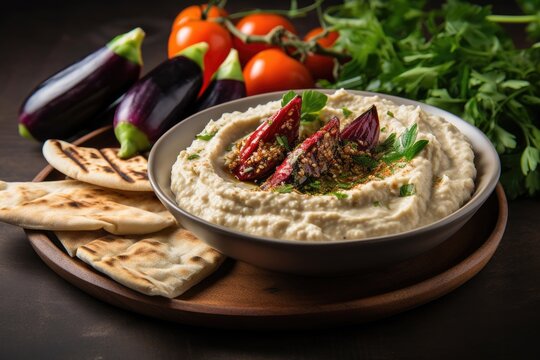 Baba Ganoush with creamy summer dip, crunchy veggies pita.