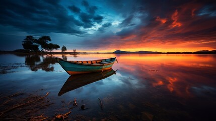Fototapeta na wymiar Red sky with an orange boat at the lake