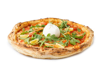 Tasty pizza with Burrata cheese on white background