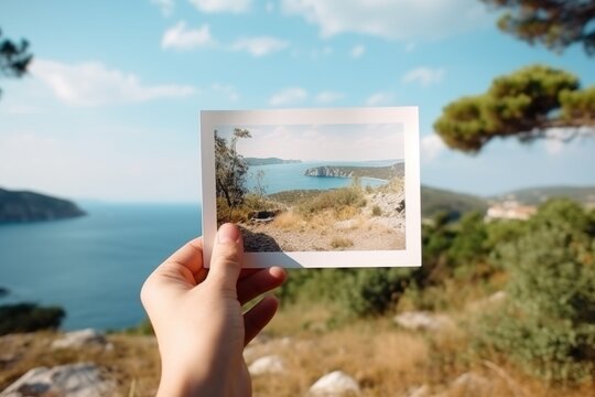 Close up hand unrecognizable experienced traveler tourist holding postcard photo exact place sightseeing natural landscapes nature mountains blue ocean sea memories vacation tourism picture nature