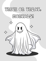 An evil crafty black and white Halloween ghost with a big smile. Trick or Treat. Holiday Poster. Vector illustration