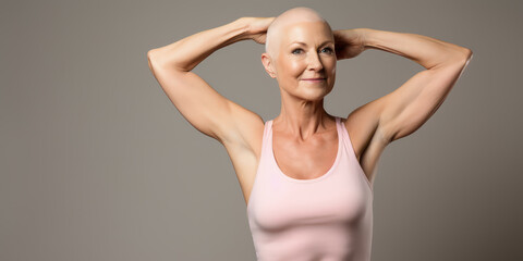 Fototapeta premium Beautiful bald woman fighting breast cancer, powerful woman and clasps her arms like a survivor.