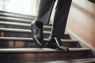 Man in patent leather shoes. Feet go down stairs. Successful person walking to business meeting. Businessman wearing comfortable suit black leather luxury shoes going downstairs legs stepping rush