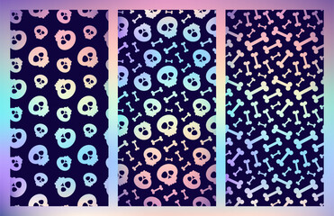 Holographic seamless print. Neon background. Set of shiny hologram with skulls. Vector illustration for halloween. Bones and skull.