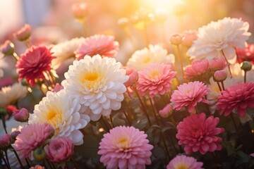 Fototapeta premium Purple pink beautiful multicolored flowers blooming garden outdoors park beauty summer meadows backdrop spring background wallpaper bright colorful flora plants blossom sunlight field nature rural