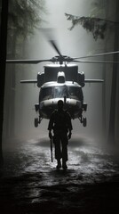 Naklejka premium A man is standing in front of a helicopter. AI.