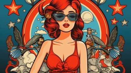 A woman in a red dress and sunglasses. AI.