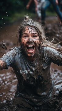 A woman is covered in mud and smiling. AI.