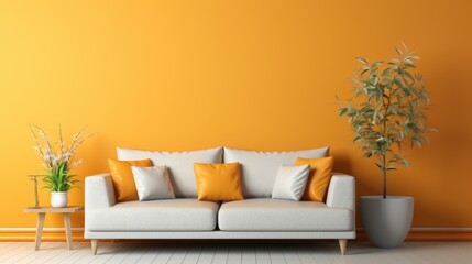 A white couch sitting next to a plant on top of a wooden floor. AI.