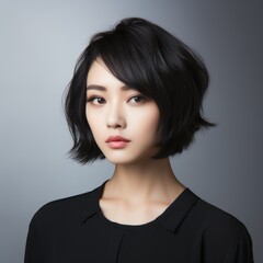 Close-up portrait of fictional woman hairstyle. Beautiful hair illustration for hairsalon. Isolated on plain background. Generative AI.