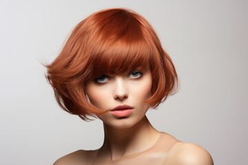 Close-up portrait of fictional woman hairstyle. Beautiful hair illustration for hairsalon. Isolated on plain background. Generative AI.