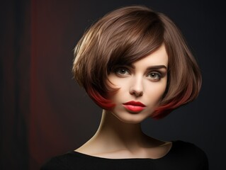 Fototapeta premium Close-up portrait of fictional woman hairstyle. Beautiful hair illustration for hairsalon. Isolated on plain background. Generative AI.