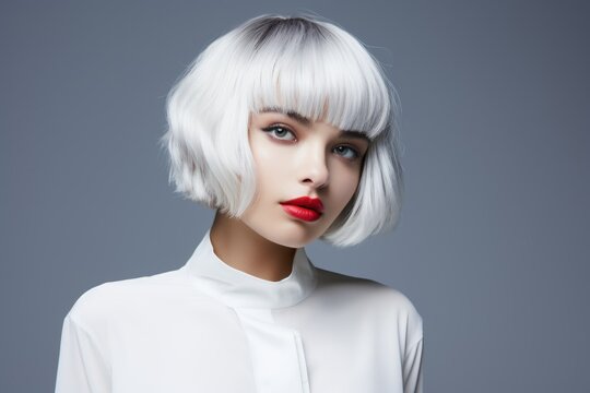 Close-up portrait of fictional woman hairstyle. Beautiful hair illustration for hairsalon. Isolated on plain background. Generative AI.