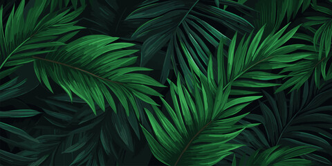 Naklejka na ściany i meble Green tropical leaves dark mysterious background