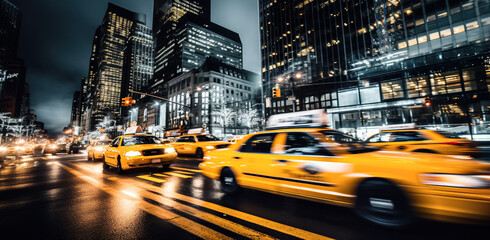 Cars in movement with motion blur. A crowded street scene in downtown, digital ai