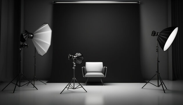 Interior of modern photo studio with chair and professional equipment, digital ai