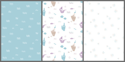 Set of childish seamless pattern with cute ships and waves in natural colors, blue and linen. Background for surface design, interior, wallpaper, paper, textile, kids clothes, bed linen