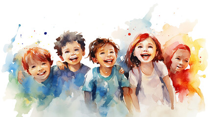 
Diversity children, friendship concept, emotions. Children run and laugh. Trustworthy, friendly, kind, smiling, cheerful children and teenagers, large group. In the style of a colorful watercolor