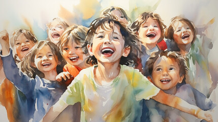 
Diversity children, friendship concept, emotions. Children run and laugh. Trustworthy, friendly, kind, smiling, cheerful children and teenagers, large group. In the style of a colorful watercolor