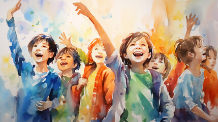 
Diversity children, friendship concept, emotions. Children run and laugh. Trustworthy, friendly, kind, smiling, cheerful children and teenagers, large group. In the style of a colorful watercolor