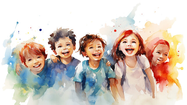 
Diversity children, friendship concept, emotions. Children run and laugh. Trustworthy, friendly, kind, smiling, cheerful children and teenagers, large group. In the style of a colorful watercolor