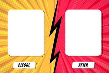 Colorful before and after frames. Two color retro background with halftone corners for comparison. Design template. Vector illustration. 