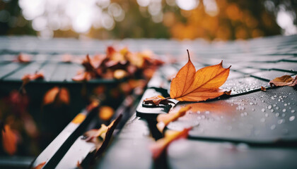 Autumn leaves on the roof with copy space - obrazy, fototapety, plakaty