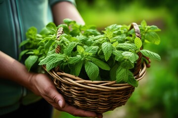 Female hands holding basket of fresh mint leafs in the garden