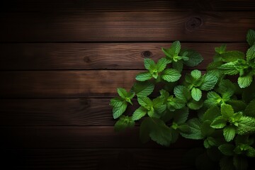 Fresh mint leafs on brown wooden background