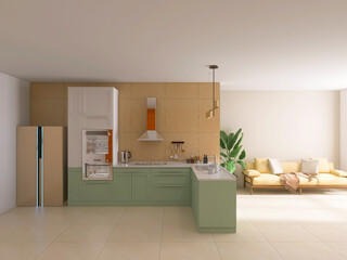 Kitchen interior design 3d render, 3d illustration
