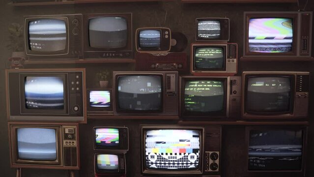 A bunch of retro TVs from the 80s and 90s, of different sizes, working at the same time, wall design.
